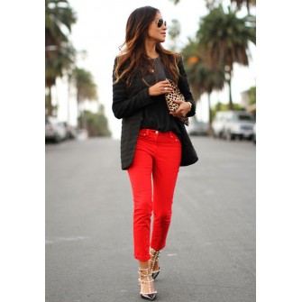 Black shirt red pants best sale